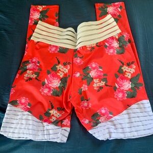 Red and White Floral Leggings with Striped Accents